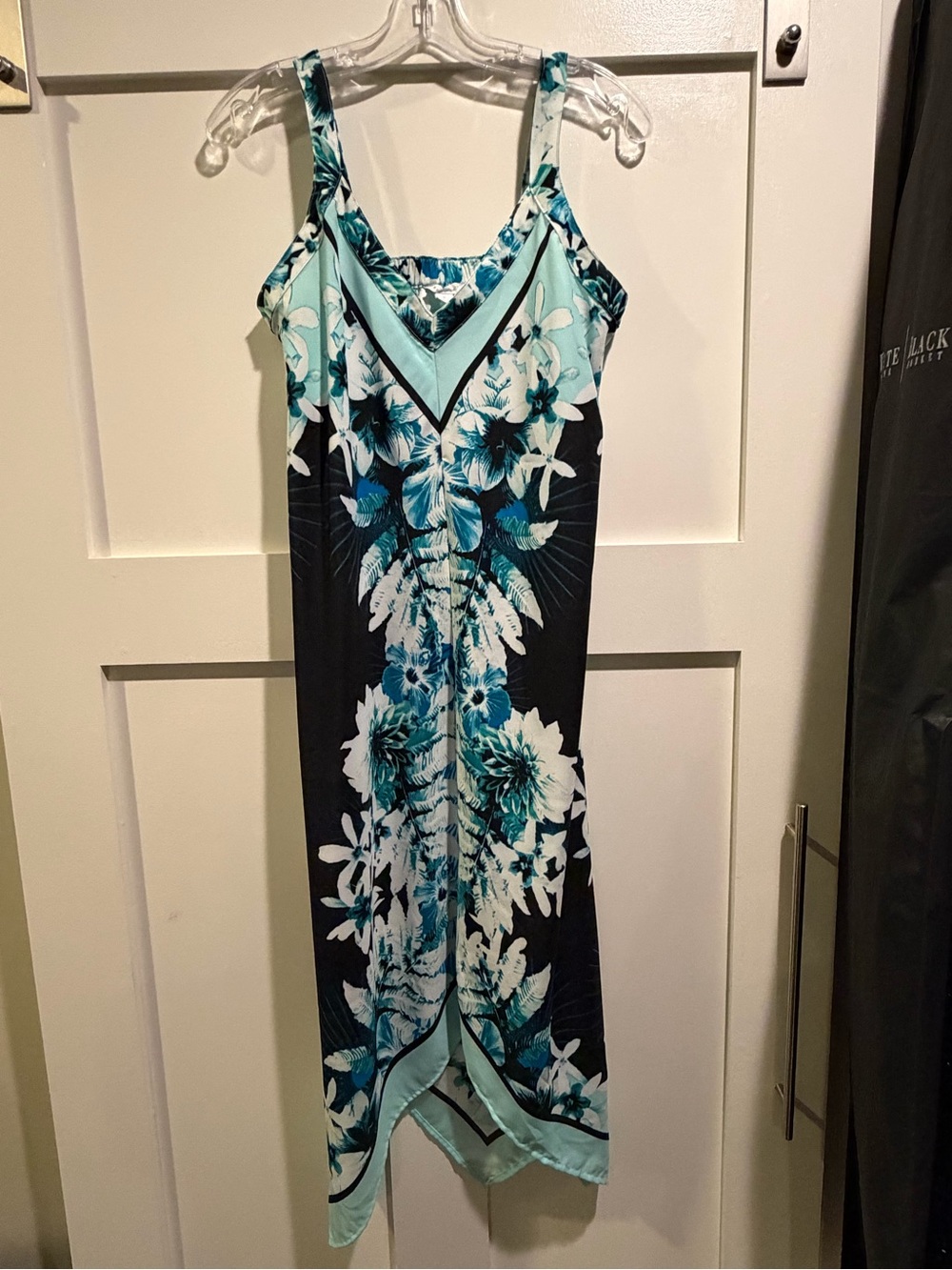 New York & Company Teal, Aqua and Black Floral Midi Dress